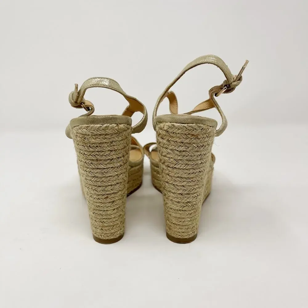 Badgley Mischka 5.5 Gold Leather Espadrille Wedge Sandals Ankle Wrap 4.5
